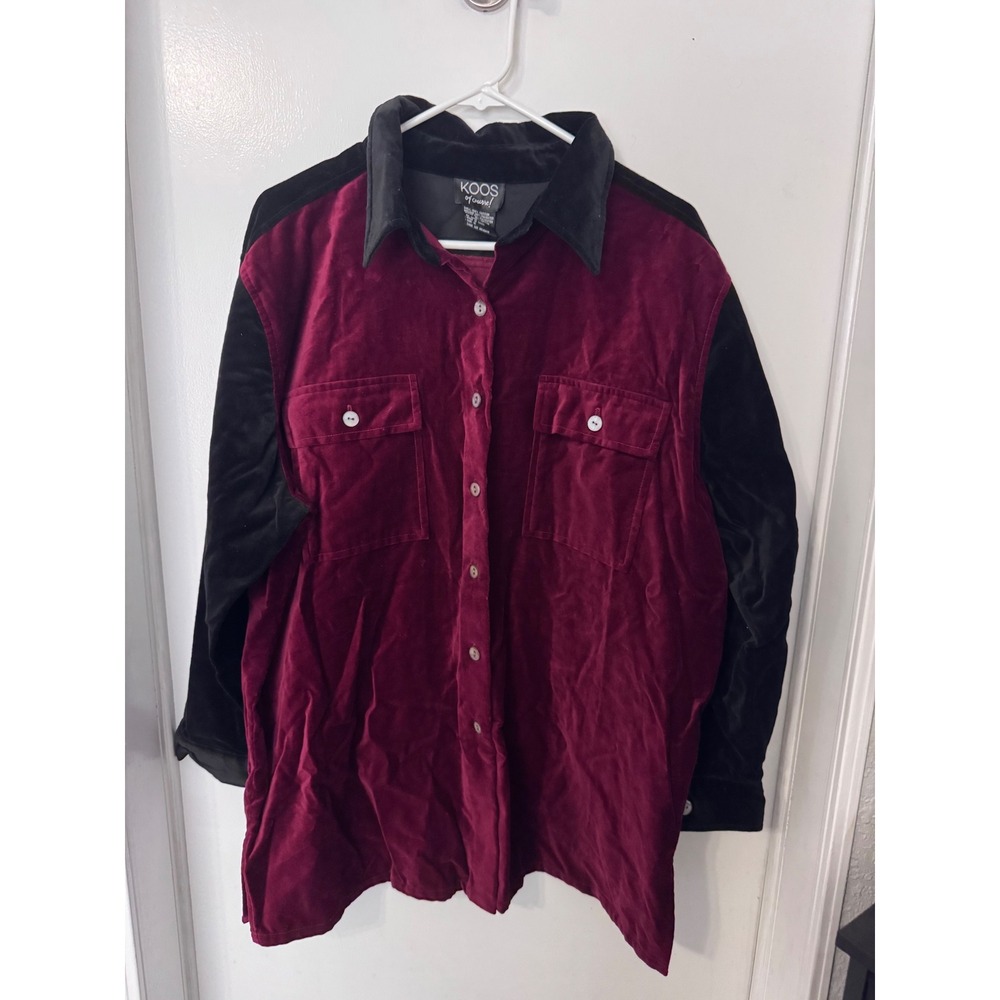 Koos of Course! Burgundy Black Colorblock Paisley Applique Velvet Shirt 1X